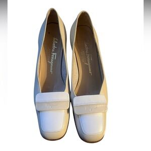 Salvatore Ferragamo Dress Shoes-Tan and white, low heel- Fancy Size 6